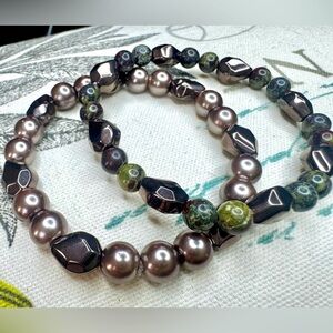 Handmade Set of 2 Green Dragon Bloodstone, Brown Hematite w/Bronze Bracelets